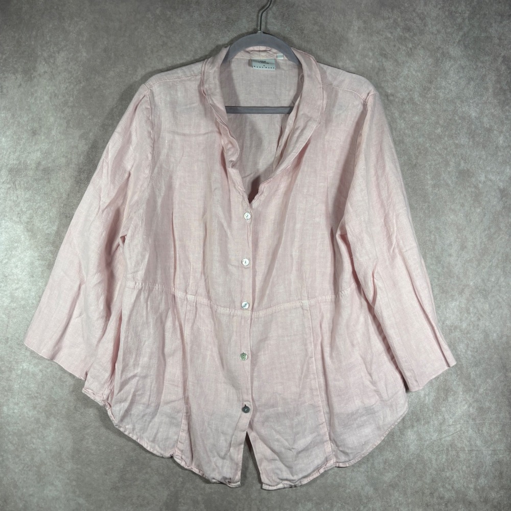 Hot Cotton Button Up Shirt Women XL Pink Linen Blouse Long Sleeve Coastal Pastel